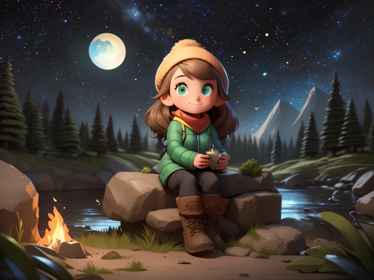 Masterpiece, Best quality, Ultra-detailed, illustration, 1girll, Solo, Outdoors, camping, Night, Mountains, Nature, stars, Moon, bonfires, tenten, double-ponytail, Green eyes, cheerful big breasts, cheerfulness, Backpack, sleeping bag, Camping stove, Water bottle, Mountain boots, mitts, Sweater, Hat, Flashlight, forest, Rocks, River, wood, Smoke, Shadows, Contrast, Clear sky, constellation, Milky Way, Peaceful, serene, Quiet, tranquil, Remote, secluded, Adventurous, exploration, escape, independence, Survival, resourcefulness, challenge, perseverance, endurance, endurance, Observation, intuition, Adaptability, creativity, imagination, Artistry, Inspiration, Beauty, in awe, Wonder, Gratitude, Appreciation, unwind, Enjoyment, rejuvenation, Mindfulness, Awareness, Connection, Harmony, balance, Texture, detail, Realism, Depth, Perspective, composition, Color, Light, black shadows, Reflection, refractions, Ton, Contrast, foreground, Middle ground, Background, Naturalistic, Figurative, representational, impressionistic, expressionistic, abstracted, Innovative, Experimental, Unique