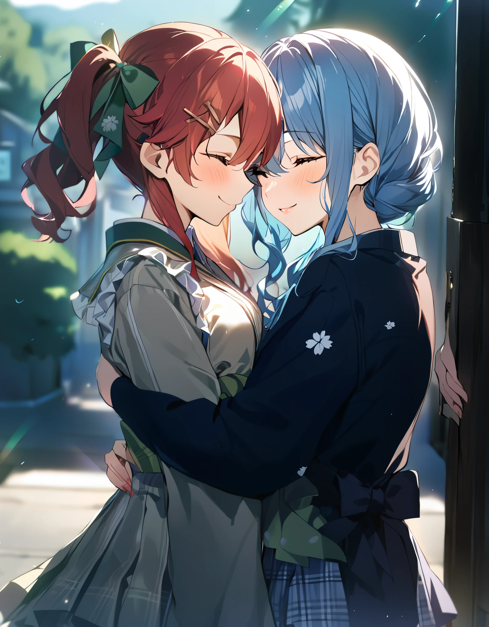 (((2girls))), together, two people, masterpiece, best quality, integrated scenery, integrated background, extremely delicate and beautiful, meticulous details, good composition, closed_eyes, cute face, perfect face, perfect hands, fingernails, sakura miko, SakuraMiko, HoshimachiSuisei, hoshimachi suisei, blurry background, sunlight, light blush, ((school)), upper body, looking each other, smile, , (hugging each other),in_school,sunlight,kissing,happiness,