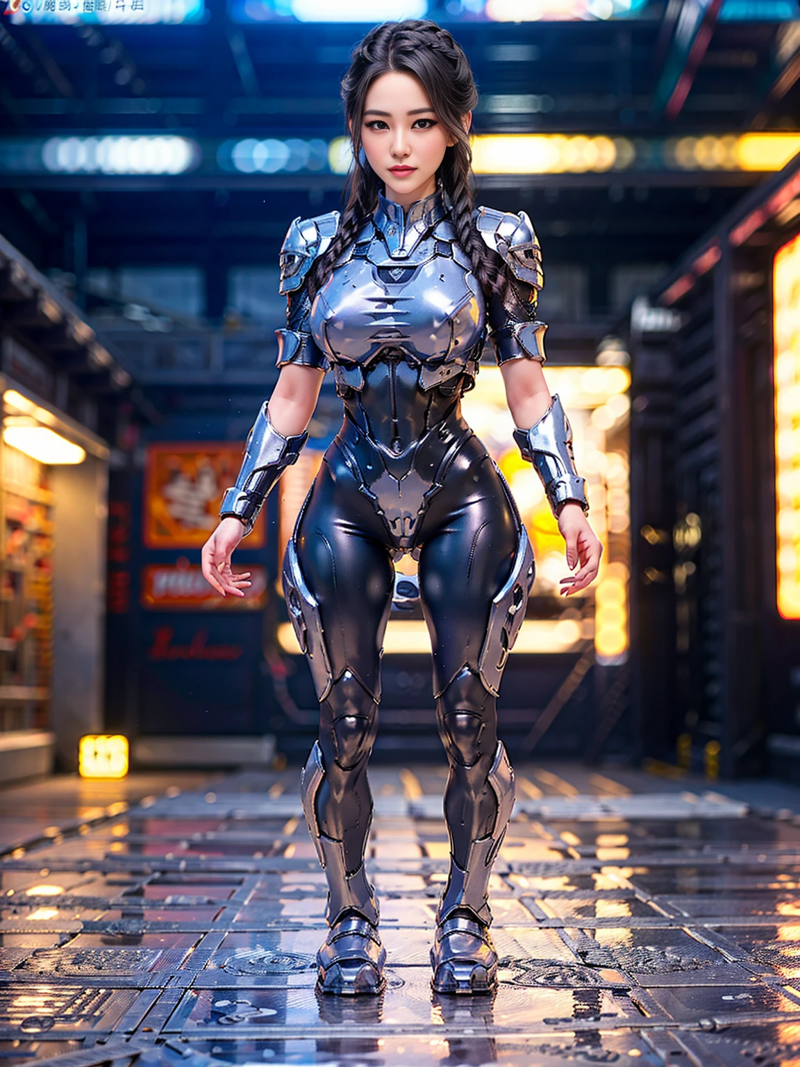 Christina Chong beautiful face, narrowed eyes. smirk. black braided hair MECHA WATER ARMOR FULL SUIT, transparent, debout, corps sexy
