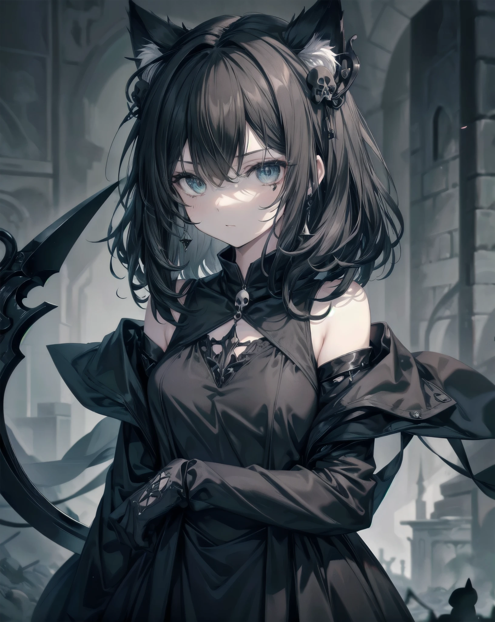 Neko ears, cat ears, black hair, grim reaper, black scythe full of blood, black-green-blade, absurdres, RAW photo, extremely delicate and beautiful, masterpiece, Best Quality, ultra high resolution, 32k, hyperrealistic, ultra-detailed, detailed description, pale skin, 20 years old, tearful mole, skull earring, short medium hair, wavy hair, whole body shot, skeleton in background, she is a necromancer. Ghost skulls on background. Aestetics. Black 1cat. Green fire on her eyes. Bare shoulders, Garter. Accent eyes. Ultra Detailed eyes.eyes focus.hoodie.skull Smoke. Skeleton behind her. She has a leg on a pile of skulls and bones.
