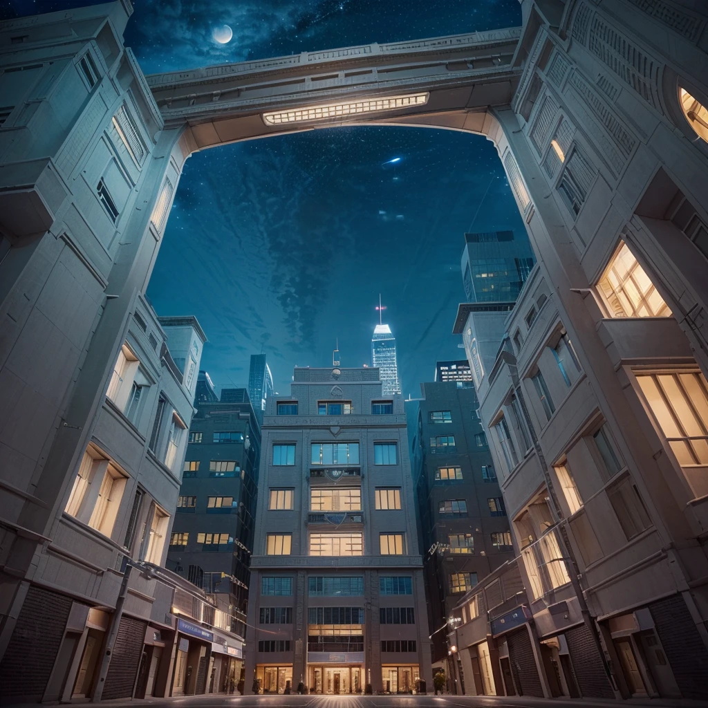 City, buildings that reach the sky, pierce the space, night, Soft light effect, bright ((Wide angle lens, Low angle shot: 1.4)), (Highest quality: 1.2, Very detailed, Detailed illustrations, Attention to detail, work teacher:1.2, Best aesthetics),