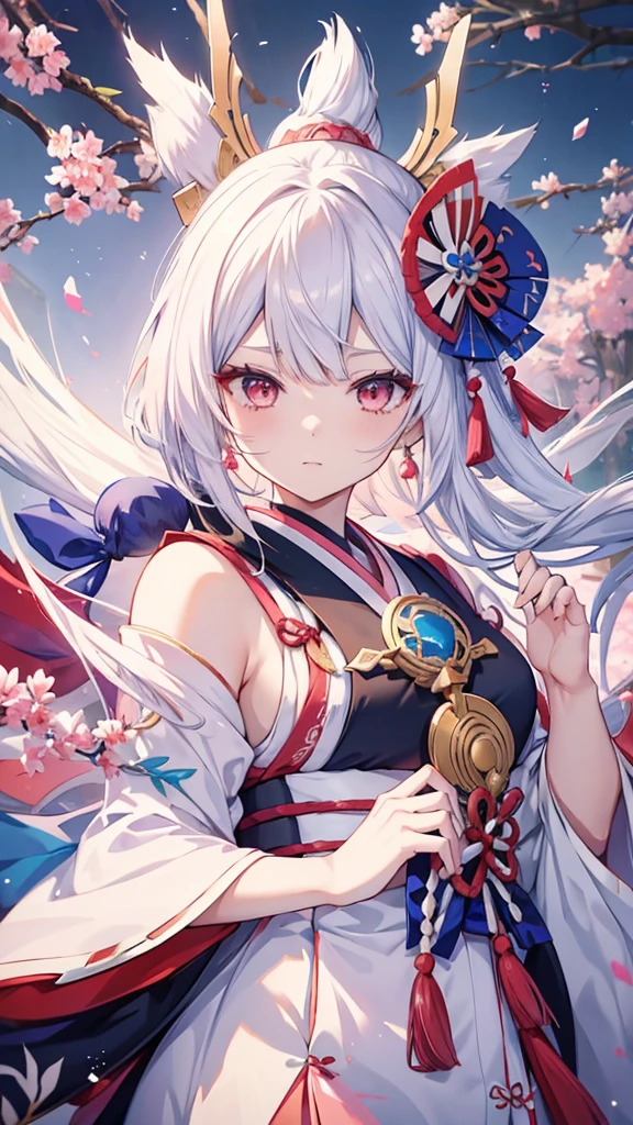 Anime girl with white hair and a pink dress holding two swords, Portraits of people inspired by Nishikawa Sukenobu, Pixiv, What it is?, Onmyoji portrait, onmyoji, The Detailed Art of the Onmyoji, Ayaka Genshin Impact, Azur Lane Style, Azur Lane Characters, Ayaka Games Genshin Impact