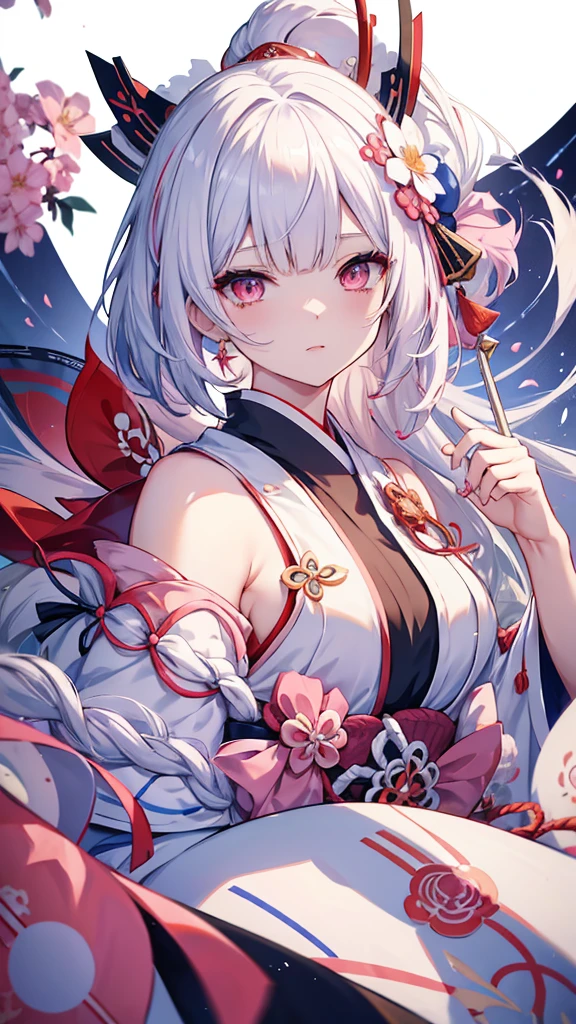 Anime girl with white hair and a pink dress holding two swords, Portraits of people inspired by Nishikawa Sukenobu, Pixiv, What it is?, Onmyoji portrait, onmyoji, The Detailed Art of the Onmyoji, Ayaka Genshin Impact, Azur Lane Style, Azur Lane Characters, Ayaka Games Genshin Impact