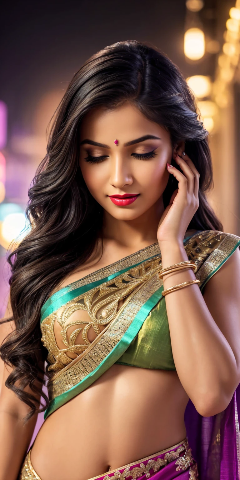 a young woman with long hair, wearing an Indian saree. She is standing against a solid, neon violet background. The woman has visible makeup on, including well-defined eyeliner, eyeshadow, and lipstick. She is holding a glass of water and pouring it over her face, creating droplets in the air. Her eyes are closed, and she has a relaxed, content expression on her face. The lighting should be bright, emphasizing the glow on her skin,very realistic image, detailed image, High quality high detail,8k,highly detailed, trending on artstation,red lipstick, sexy bright face, nude breasts), (intricate detailing of face eyes nose mouth full lips & body parts), textured skin, smile:0.6, eyes symmetry, face symmetry, 256K, HDR, hyper realistic, intricate detailing, yotta-pixel image, yocto-pixel detailing, super realistic,4k, HDR, detailed image, DSL camera photo.