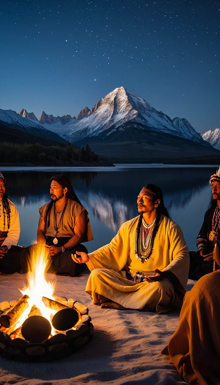 The image shows a shaman holding a tambourine and meditating in front of a fire, around which a group of 15 people in traditional Native American dress are seated. The people, seated on blue blankets, are engaged in conversation and enjoying the atmosphere. A shaman in a long robe leads the group using his power and spiritual energy. The campfire is set up on a rocky bank, with mountains and river visible in the background. The sky is sprinkled with stars and the sun shines in the upper right corner, creating a beautiful orange-yellow glow. You can feel the presence of spirits in the air, and the atmosphere is imbued with a sense of enlightenment and happiness. The overall mood of the scene is peaceful and calming.