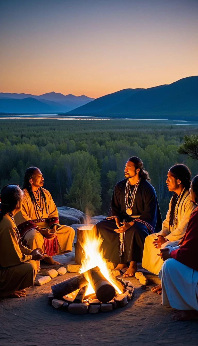 The image shows a shaman holding a tambourine and meditating in front of a fire, around which a group of 15 people in traditional Native American dress are seated. The people, seated on blue blankets, are engaged in conversation and enjoying the atmosphere. A shaman in a long robe leads the group using his power and spiritual energy. The campfire is set up on a rocky bank, with mountains and river visible in the background. The sky is sprinkled with stars and the sun shines in the upper right corner, creating a beautiful orange-yellow glow. You can feel the presence of spirits in the air, and the atmosphere is imbued with a sense of enlightenment and happiness. The overall mood of the scene is peaceful and calming.