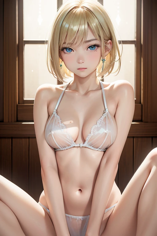 (шедевр、beste-Qualit、An ultra-high picture quality)、Bedroom、Lying in bed、1 persons、beautiful a girl、(Slender)、(A slender)、((Very small breasts))、Platinum blonde short hair、gradation hair、Beautiful detail eyes、Pale orange、blanche、See-through、bow、frilld、((Nipple shows through))、((Vagina can be seen through))、((Transparent))、opening legs、Wide legs open、(Panties are wet)