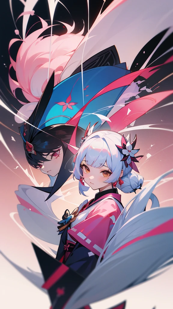 Anime girl with white hair and a pink dress holding two swords, Portraits of people inspired by Nishikawa Sukenobu, Pixiv, What it is?, Onmyoji portrait, onmyoji, The Detailed Art of the Onmyoji, Ayaka Genshin Impact, Azur Lane Style, Azur Lane Characters, Ayaka Games Genshin Impact
