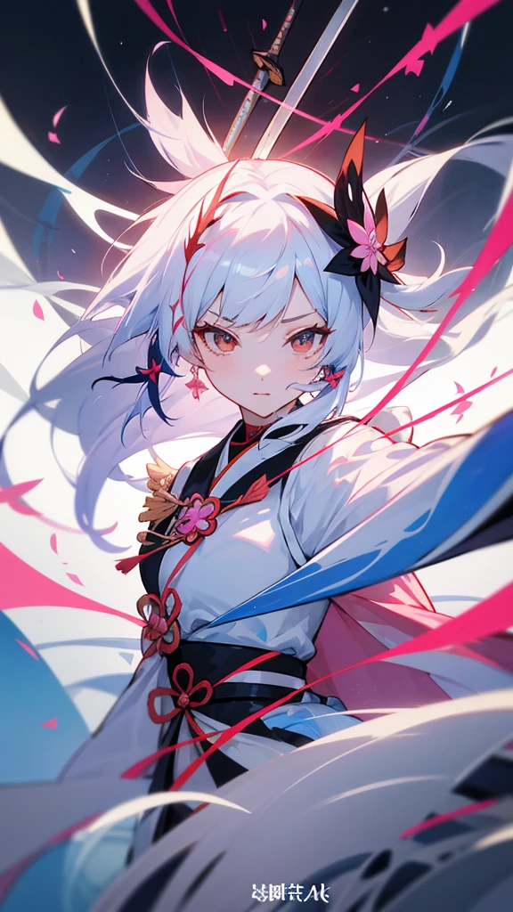 Anime girl with white hair and a pink dress holding two swords, Onmyoji portrait, onmyoji, The Detailed Art of the Onmyoji, Ayaka Genshin Impact, Azur Lane Style, Azur Lane Characters, Ayaka Games Genshin Impact, Katana Zero video game characters, From the Azur Lane video game, mika kurai demon, Official artwork