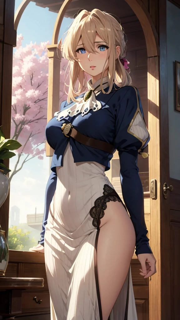 ((full nude)),masterpiece, 4k, 8k, High resolution,highest quality,1 girl, alone,((zenith, full nude)), blonde hair, blue eyes, short hair, ponytail, parted bangs, hair ornaments, cowboy shot,(huge breasts:1.7,(good:1.5, blue lace, beautiful)),  thin abs: 1.1, (panties:1.5, blue lace), (spread your legs:1.7, Lie),looking at the viewer,bedroom background,
