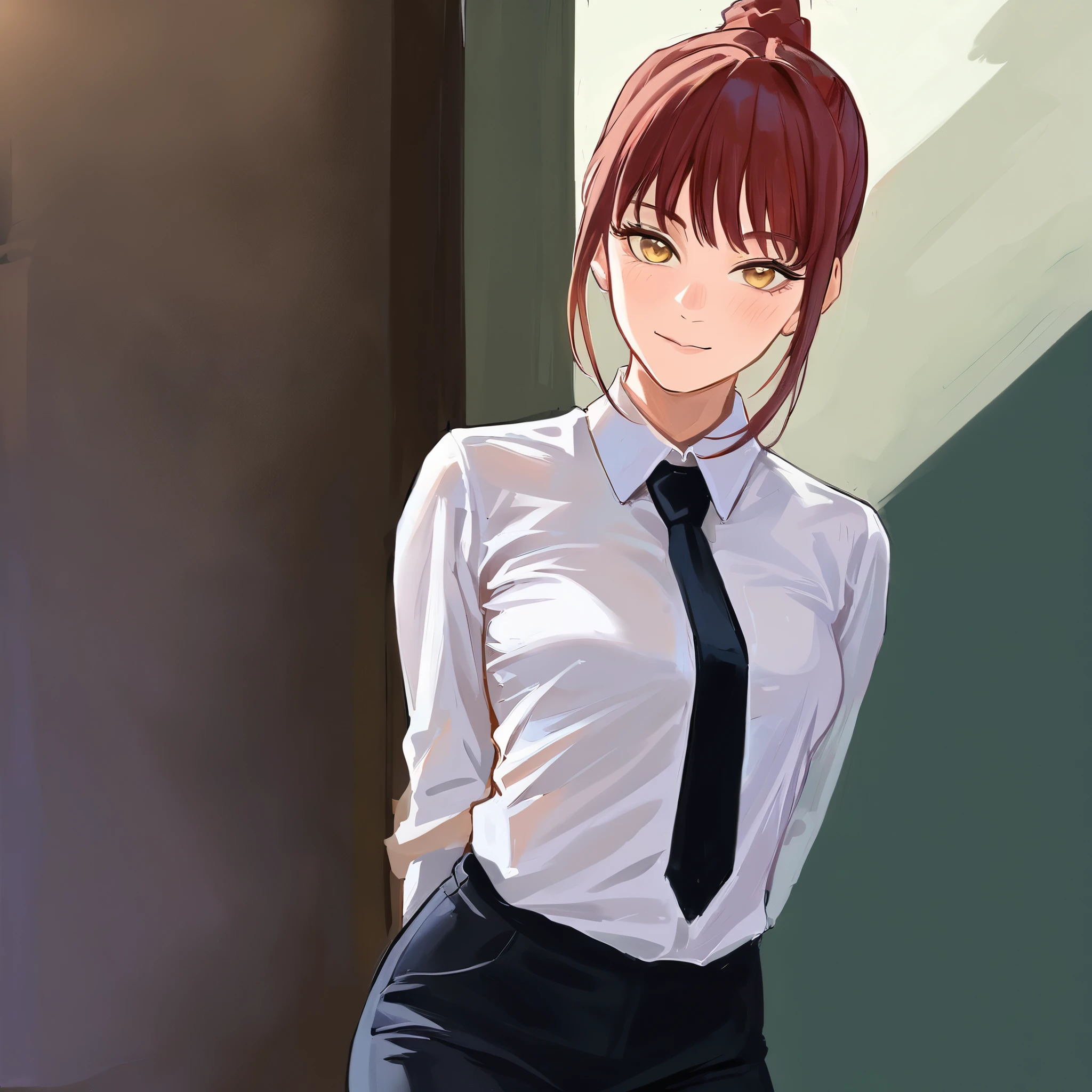 score_9, score_8_up, score_7_up, score_6_up, score_5_up, score_4_up, fkey70, masterpiece, best quality, high quality, solo, 1girl, makima, smile, dim , closed mouth, looking at viewer, arms behind back, black business suit, brided ponytail, white shirt, black tie, long sleeves, black pants, black background, rim lighting lighting, contrasting yellow-purple lighting, chains in background
