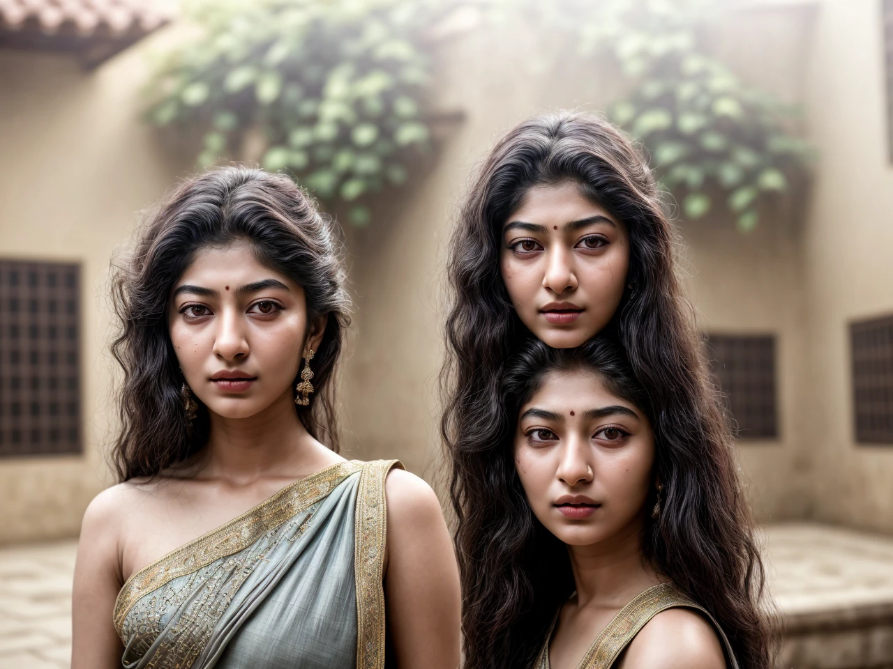 portrait photo, kryst3n, (sharp focus:1.2), attractive young woman Sai Pallavi(beautiful face:1.1), detailed eyes, luscious lips, (smokey eye makeup:0.85), she is wearing (nothing )suit, in a (courtyard:1.1). (moody lighting:1.2), depth of field, bokeh, 4K, HDR.