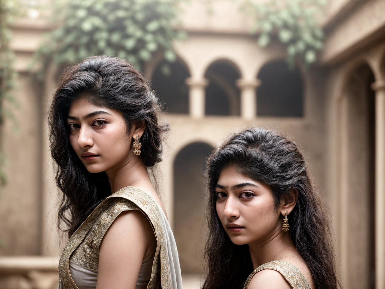 portrait photo, kryst3n, (sharp focus:1.2), attractive young woman Sai Pallavi(beautiful face:1.1), detailed eyes, luscious lips, (smokey eye makeup:0.85), she is wearing (nothing )suit, in a (courtyard:1.1). (moody lighting:1.2), depth of field, bokeh, 4K, HDR.