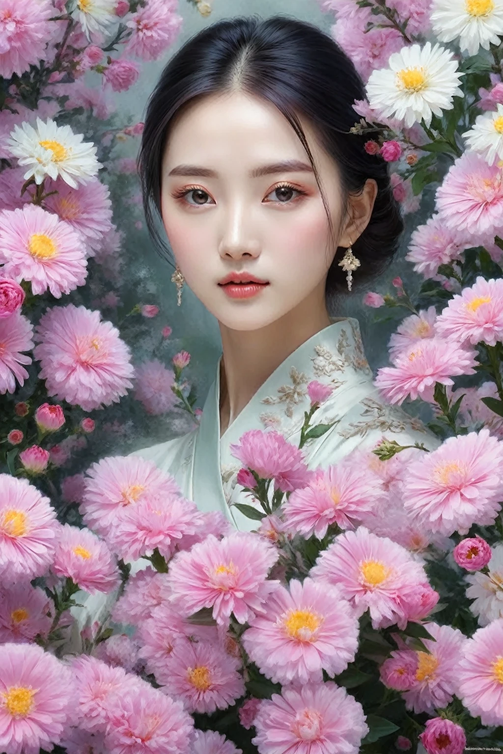 Close-up of a woman holding a bouquet of flowers, elegant numbers, Beautiful digital artwork, Gorgeous digital painting, Beautiful digital painting, Beautiful digital illustration, elegant numbers艺术, Beautiful digital art, jingna zhang, by Yanjun Cheng, ethereal beauty, Beautiful and gorgeous digital art, Gurwitz style artwork, Inspired by Fenghua 8k UHB,photography,Nikon D850， real picture,national geographic,Award-winning,Award-winning照片