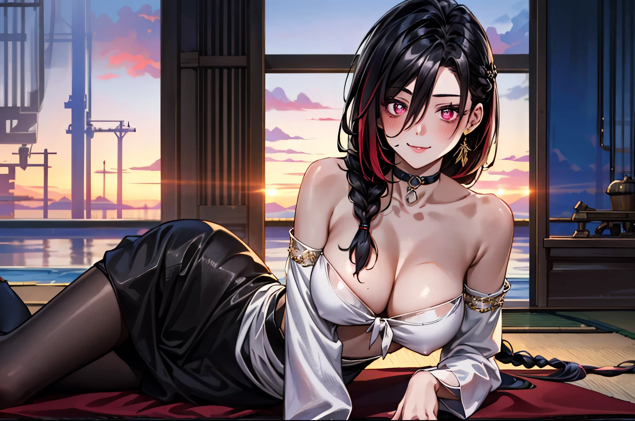 (masterpiece:1.3, top-quality, ultra high res, ultra detailed), (realistic, photorealistic:1.4), beautiful illustration, perfect lighting, natural lighting, colorful, depth of fields, ,
beautiful detailed hair, beautiful detailed face, beautiful detailed eyes, beautiful clavicle, beautiful body, beautiful chest, beautiful thigh, beautiful legs, beautiful fingers,
looking at viewer, 1 girl, japanese, high school girl, (perfect anatomy, anatomically correct), cute and symmetrical face, babyface, perfect face, perfect eyes, shiny skin, slender,
(long hair:1.7, hair:0.8, Cyclamen color wicker hair), antenna hair, hair between eyes, emerald red eyes, long eye lasher, (large breasts:0.8, seductive thighs),
((long sleeve light purple knit dress, black tube top)),
(beautiful scenery), summer, evening, (school), (lovely smile, upper eyes), solo, 1 girl, Long braid of hair, braid, beautiful braid, solo, Lying down, comfortable,