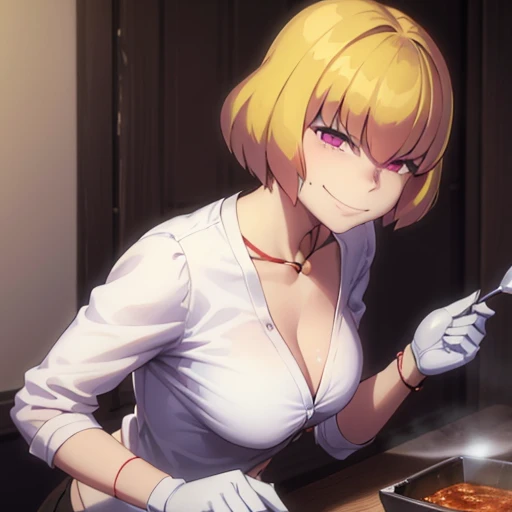 woman around twenty years old, with short blonde hair and delicate features, giving her a cat-like appearance. Cooking, bend over
Smiling,white shirt 