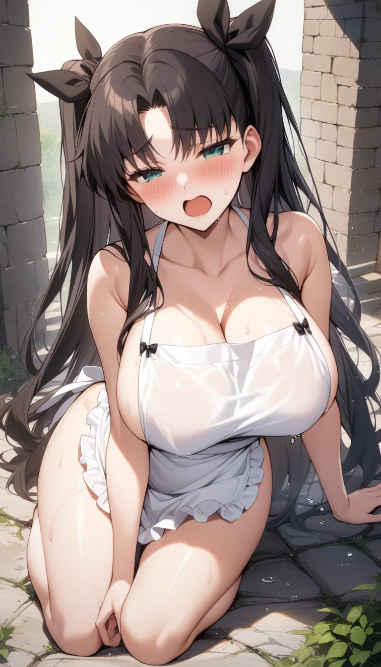 big breasts:1.5、、highest quality、very detailed、Very realistic eye masterpiece、highest quality、very detailed、gray hair、perfect face、long hair、white dress、sundress、anime、countryside、clear、slender、love juice、nsfw、Hard 、from below、masturbation、love juice、sticky liquid、Pee、Climax、Holding clothes in your hands、frills、Chin Chin、penis、Futanari、man&#39;s daughter、dick、peniale organ、rod