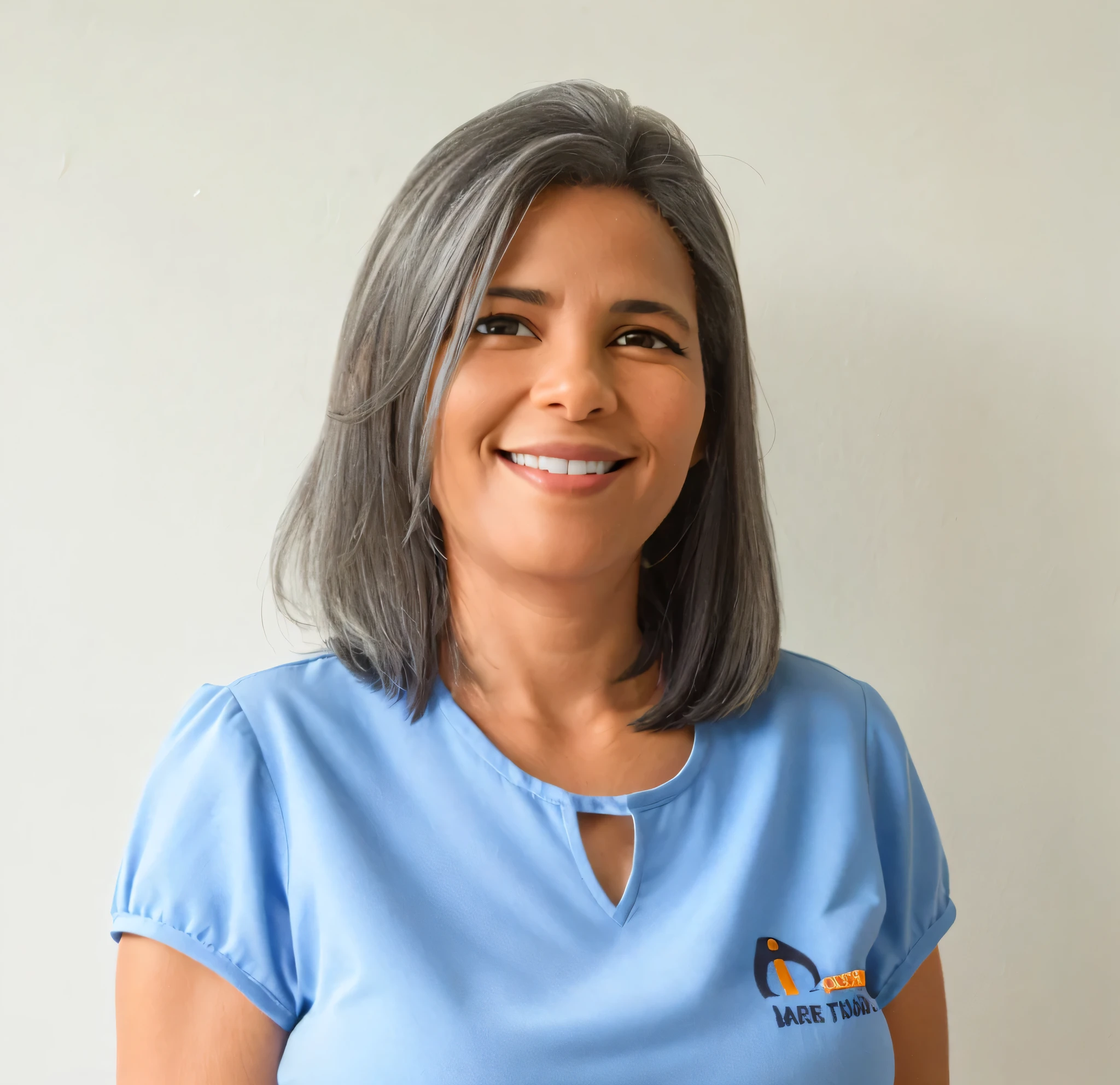 50 year old woman, darkskin, slightly gray hair, smiling, staring at the camera, shirt blue.