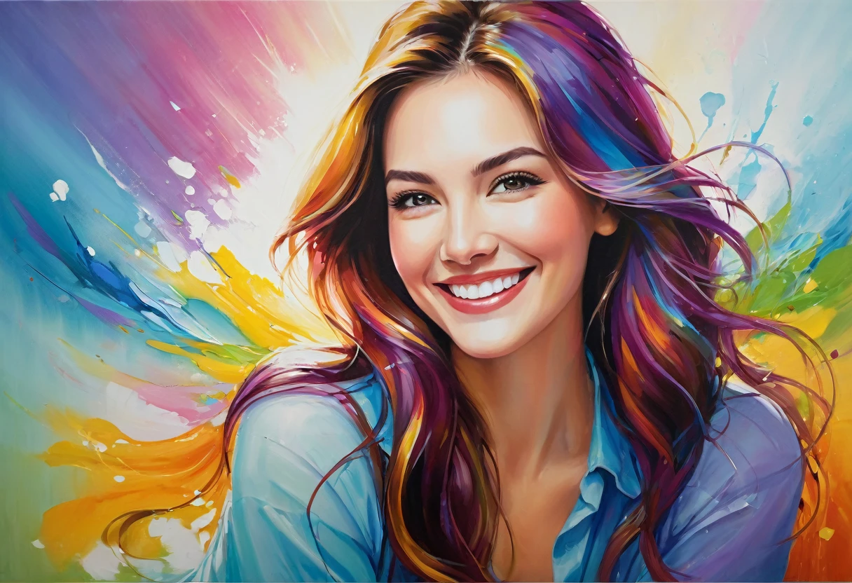 A stunning and vibrant painting of a beautiful woman smiling at you, melt your heart. She is seated in front of you, possibly in your office, with a warm and inviting expression. Her hair flows gracefully, and her eyes sparkle with kindness. The painting captures the essence of her radiant beauty and the joy she brings to your life. The background is filled with a blend of warm and cool colors, creating a sense of balance and harmony., painting, vibrant