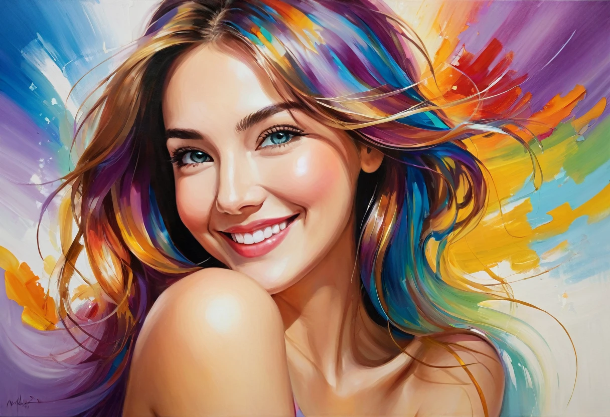 A stunning and vibrant painting of a beautiful woman smiling at you, melt your heart. She is seated in front of you, possibly in your office, with a warm and inviting expression. Her hair flows gracefully, and her eyes sparkle with kindness. The painting captures the essence of her radiant beauty and the joy she brings to your life. The background is filled with a blend of warm and cool colors, creating a sense of balance and harmony., painting, vibrant