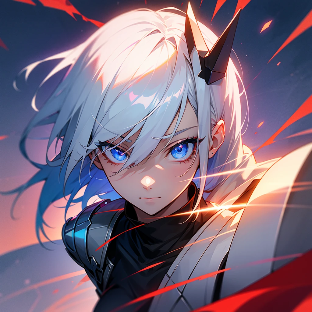 a young woman looking at the sky with white hair , with intense blue eyes, in an anime digital art style/high quality sleeve. His face shows signs of struggle, with various bandages and scars , also in one of his eyes , carries a ruby red hexagonal shaped device . He wears dark armor , lighting that gives his face with details of sunset shadow and a sky in the background