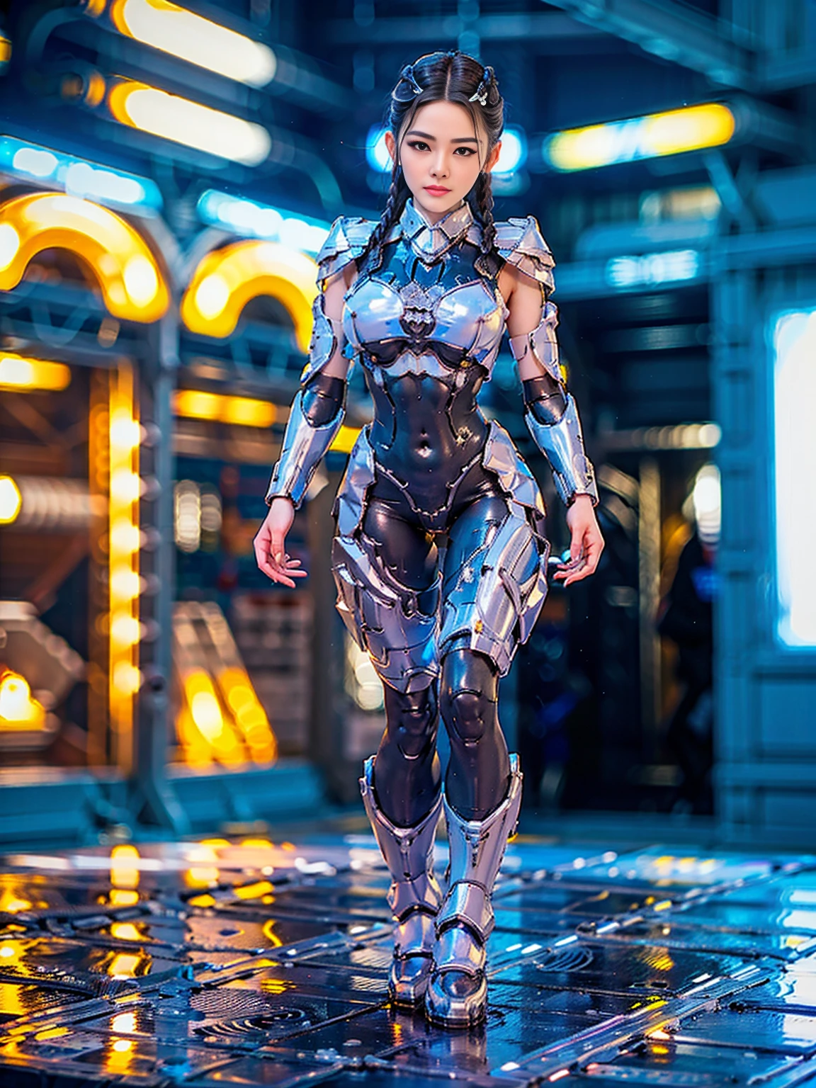 A beautiful young woman with narrowed eyes and a smirk, black braided hair, wearing a transparent, futuristic mecha water armor full suit, standing in a powerful and sexy pose