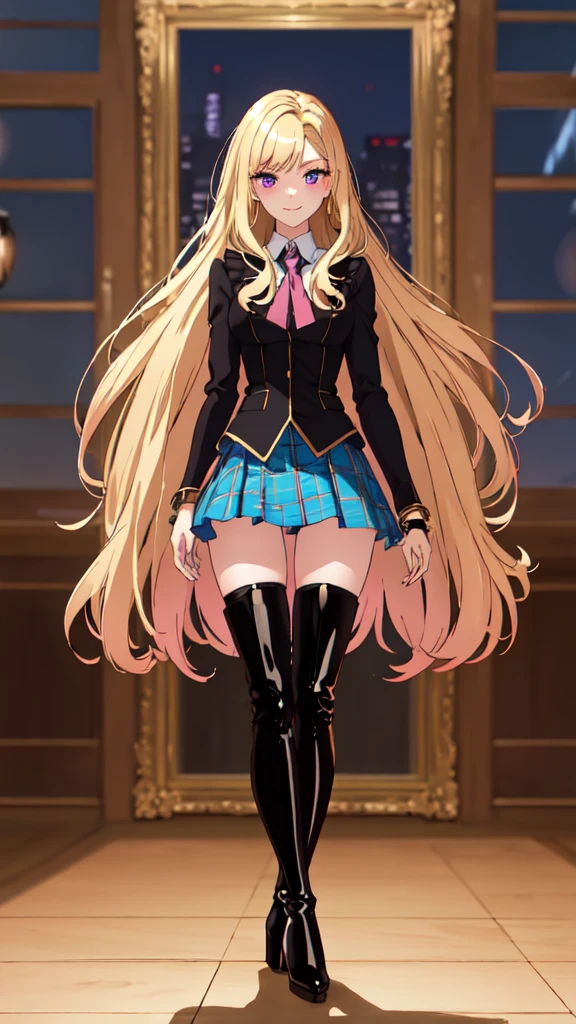 1 girl, solo, an extremely beautiful frame, great view, detailing, HD frame, (( ultra quality )) , A beautiful girl, patent leather boots,
blonde hair, shiny figure, Pink eyes, manicure, full length, plaid skirt, I am hooded, bracelets, black thigh-high boots, heels, room, night, lamps are on, nice smile, long hair, Thin legs, 8k,
aesthetics of privacy, clear frame, Looking at the viewer, (( drawing many details )) , take into account all the shortcomings,