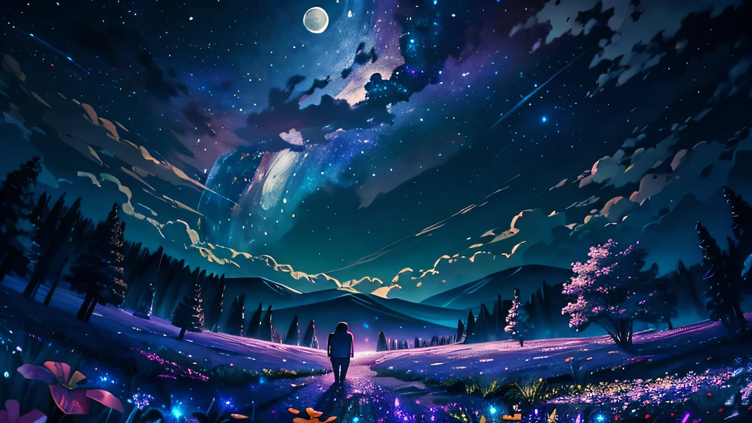expansive landscape photography, (View from below with a view of the sky and nature below.), Little white bear standing in a field of flowers looking up, (full moon: 1.2), (Shooting Star: 0.9), (nebula: 1.3), a distant mountain, tree BREAK production art, (warm light source: 1.2), (Firefly: 1.2), lamp, purple and orange, intricate detail, BREAK volume lighting (masterpiece: 1.2), (of the highest quality ), 4k, ultra detailed, (dynamic configuration: 1.4), Very detailed and colorful details (iridescent: 1.2), (bright lighting, atmospheric lighting), dreamer, magical, (Alone: 1.2)