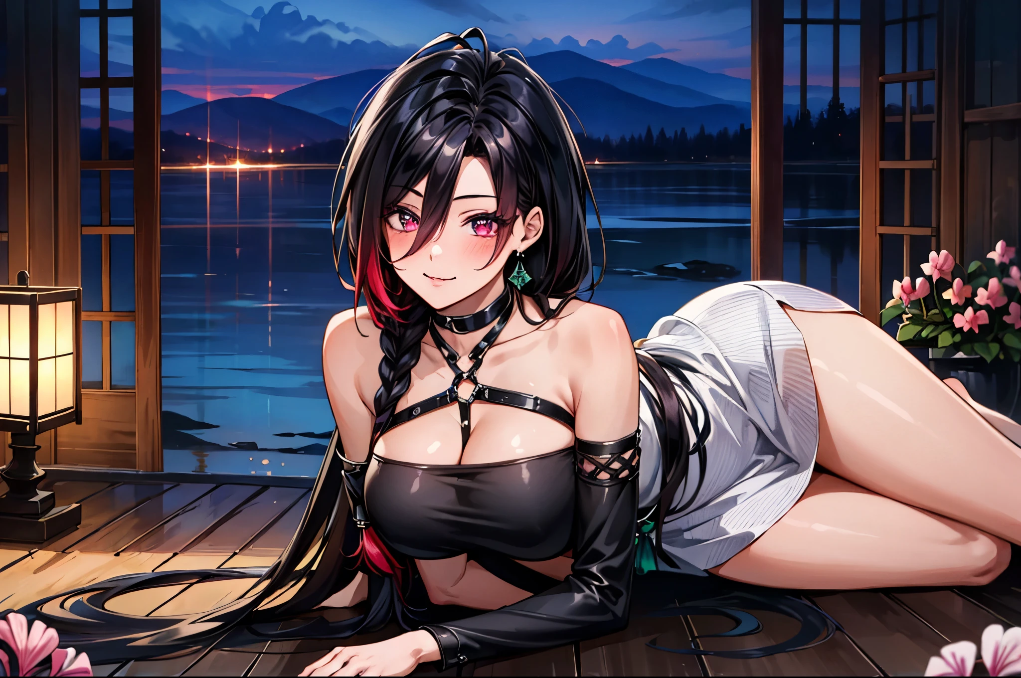 (masterpiece:1.3, top-quality, ultra high res, ultra detailed), (realistic, photorealistic:1.4), beautiful illustration, perfect lighting, natural lighting, colorful, depth of fields, ,
beautiful detailed hair, beautiful detailed face, beautiful detailed eyes, beautiful clavicle, beautiful body, beautiful chest, beautiful thigh, beautiful legs, beautiful fingers, 
looking at viewer, 1 girl, japanese, high school girl, (perfect anatomy, anatomically correct), cute and symmetrical face, face, perfect face, perfect eyes, shiny skin, slender, 
(long hair:1.7, hair:0.8, Cyclamen color wicker hair), antenna hair, hair between eyes, emerald red eyes, long eye lasher, (large breasts:0.8, seductive thighs), 
((long sleeve light purple knit dress, black tube top)), 
(beautiful scenery), summer, evening, (school), (lovely smile, upper eyes), solo, 1 girl, Long braid of hair, braid, beautiful braid, solo, Lying down, comfortable, Swim