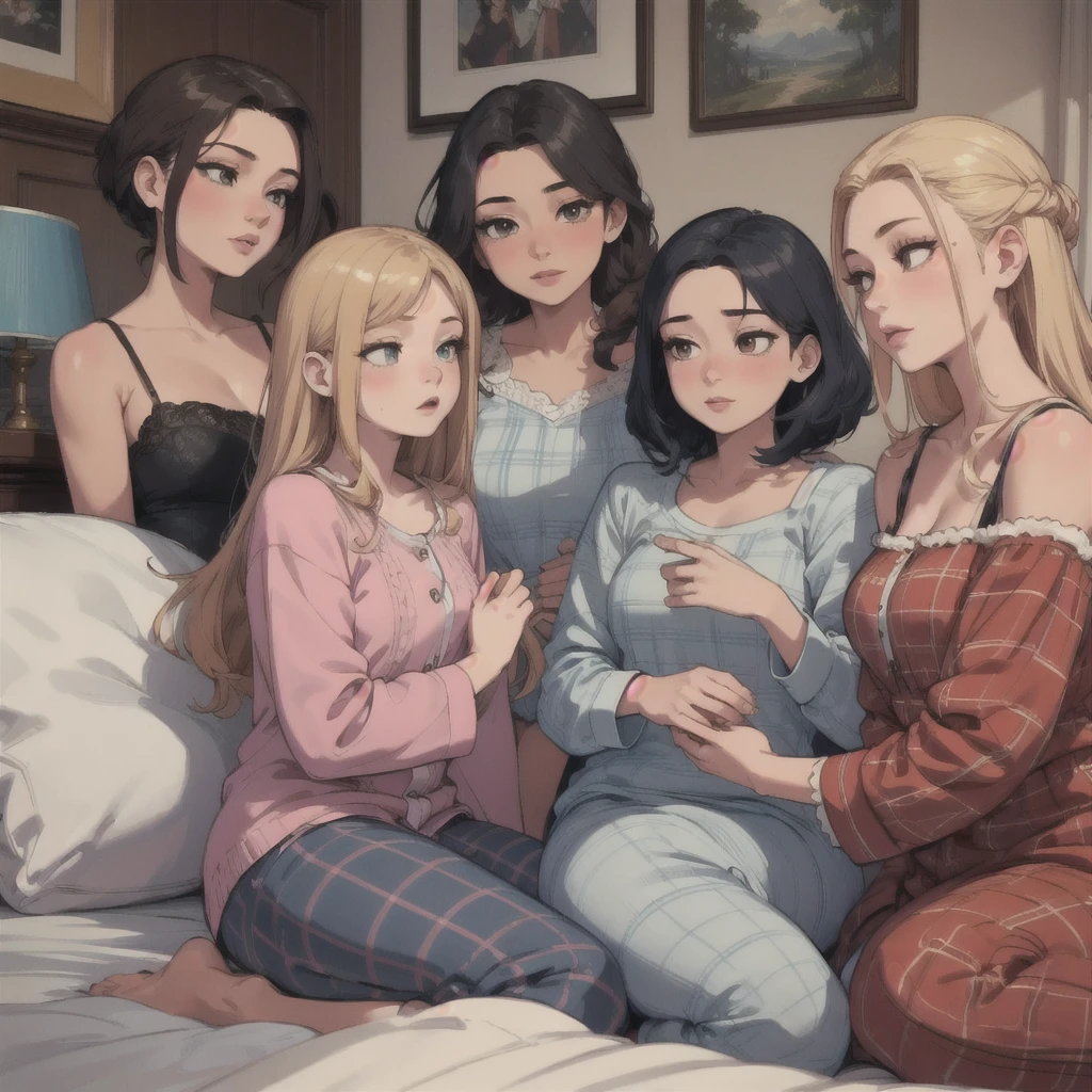 ((masterpiece,best quality)), girls sleepover, 5 young elegant beautiful girls in pajamas, girls night party, cozy bedroom interior, soft lighting, plaid blankets, pillows, stuffed animals, warm colors, relaxed atmosphere, natural expressions, detailed faces and eyes, long eyelashes, photorealistic