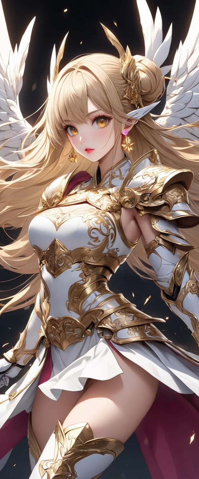 (Perfect ???????)、Mastepiece、Ultra High Quality、 8k、masterpiece、Highest quality、Ultra-high resolution、Maximum resolution、Very detailed、Professional Lighting、anime、woman、thin、so beautiful、Highly detailed eye、Highly detailed face、Golden earrings、Blonde, hair bun, Yellow Eyes、Detailed armor patterns、Mid-chest, makeup, eyeliner, eye shadow, pink cheek, pink lips, goddess armor, white open mini skirt , full body, gold pattern, white super long boots, white long gloves, female martial artist, high heels, white clawed gauntlets, white cute headgear, gold knee armor, panting, fearful, kneeling, (torn clothes:1.9), (((injury:1.9))),