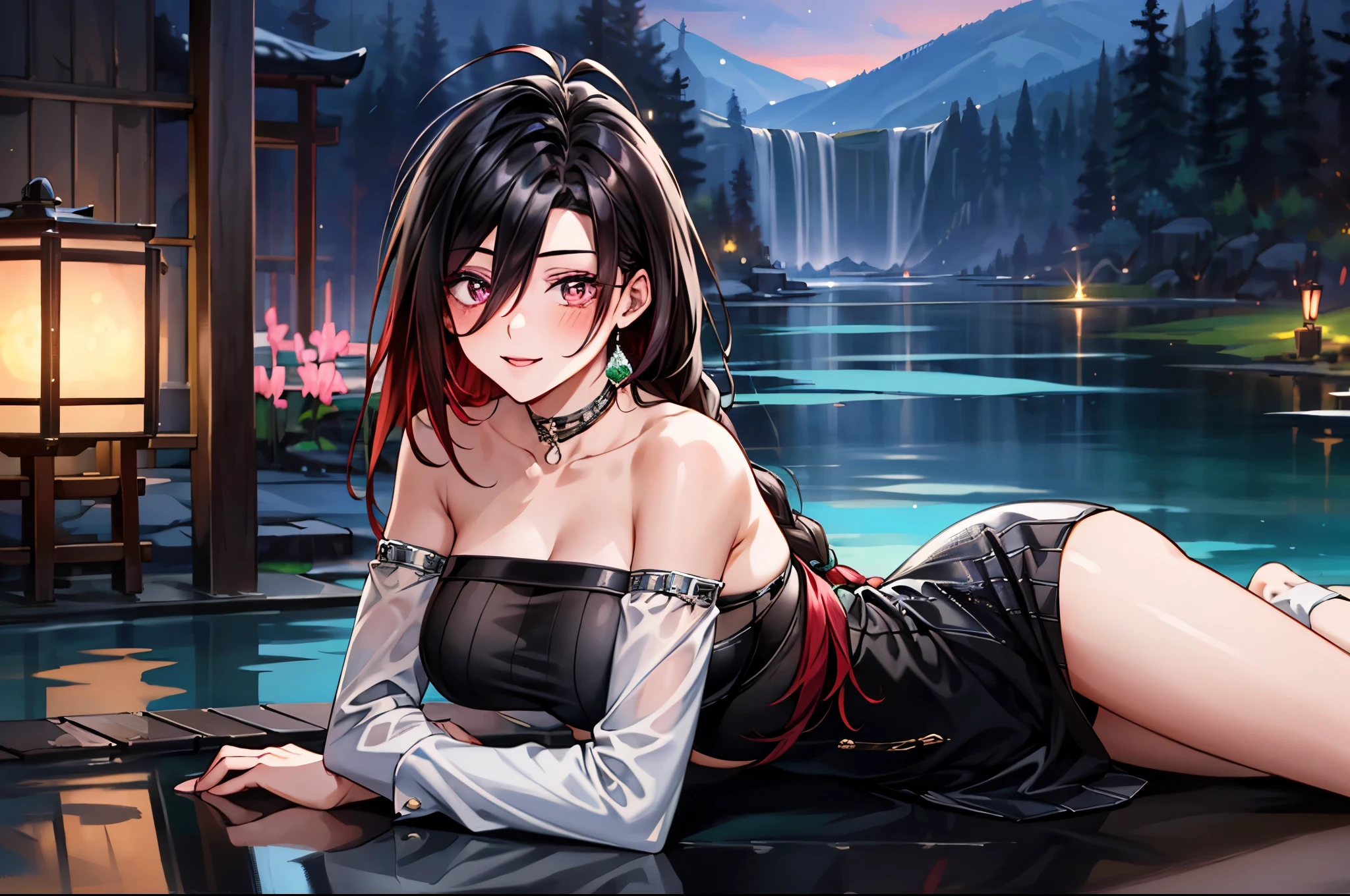 (masterpiece:1.3, top-quality, ultra high res, ultra detailed), (realistic, photorealistic:1.4), beautiful illustration, perfect lighting, natural lighting, colorful, depth of fields, ,
beautiful detailed hair, beautiful detailed face, beautiful detailed eyes, beautiful clavicle, beautiful body, beautiful chest, beautiful thigh, beautiful legs, beautiful fingers, 
looking at viewer, 1 girl, japanese, high school girl, (perfect anatomy, anatomically correct), cute and symmetrical face, babyface, perfect face, perfect eyes, shiny skin, slender, 
(long hair:1.7, hair:0.8, Cyclamen color wicker hair), antenna hair, hair between eyes, emerald red eyes, long eye lasher, (large breasts:0.8, seductive thighs), 
((long sleeve light purple knit dress, black tube top)), 
(beautiful scenery), summer, evening, (school), (lovely smile, upper eyes), solo, 1 girl, Long braid of hair, braid, beautiful braid, solo, Lying down, comfortable, Swim