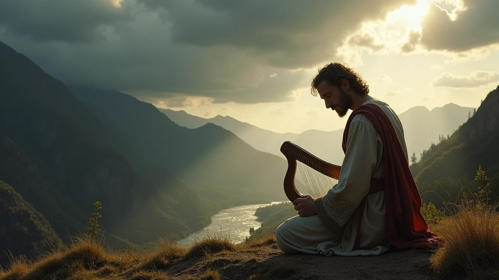  Imagine a powerful, realistic cinematic scene of King David seeking reconciliation with God. The image captures David in a natural environment, maybe on a hill under a dramatic sky, where dark clouds slowly dissipate, allowing rays of light to illuminate your face. He is kneeling, with an expression of deep penitence and vulnerability, holding a harp, symbol of your musicality and spiritual connection. Ao fundo, majestic mountains and a gentle flowing river reflect the serenity and grandeur of divine creation. Soft lighting highlights the tears on your face, symbolizing his repentance and sincere desire for spiritual renewal. The atmosphere is charged with emotion, capturing David&#39;s inner struggle as he cries out for forgiveness and guidance, surrounded by nature that represents the presence of God.