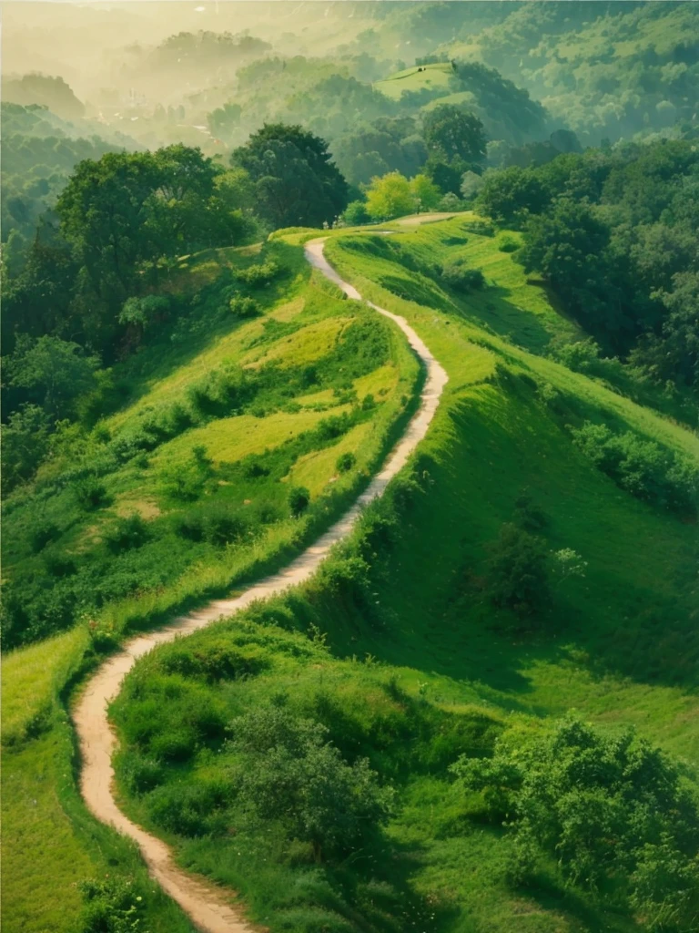 painting of a winding path in a green field with trees, 4k oil on linen, by Ni Yuanlu, smooth oil painting, green hills, 8k resolution.oil on canvas, large path, pathway, by Kim Myeong-guk, by Cheng Jiasui, amazing depth, on a green hill, award-winning oil painting, green hill