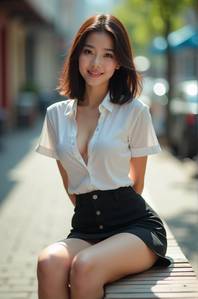 (Best Quality, 8k, Masterpiece: 1.3)), Sharp Focus: 1.2, Beautiful Woman with Perfect Body: 1.4, Slim Abdomen: 1.2, (Layered Haircut, Large: 1.2)), Japan Women, White Blouse Unbuttoned, Braless, Mini Skirt