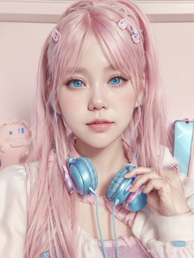 Close-up of a person with headphones and holding a cell phone, ulzzang, Belle Delphine, Pink ponytail hair and sky blue eyes, Lalisa Manubal, Kawaii hairstyle, Famous South Korean makeup, Kawaii colorful hair style, Cute kawaii girl, Sakimechan, Kawaii aesthetic, Photo realistic kawaii, Adorable Korean face, Popular Korean makeup