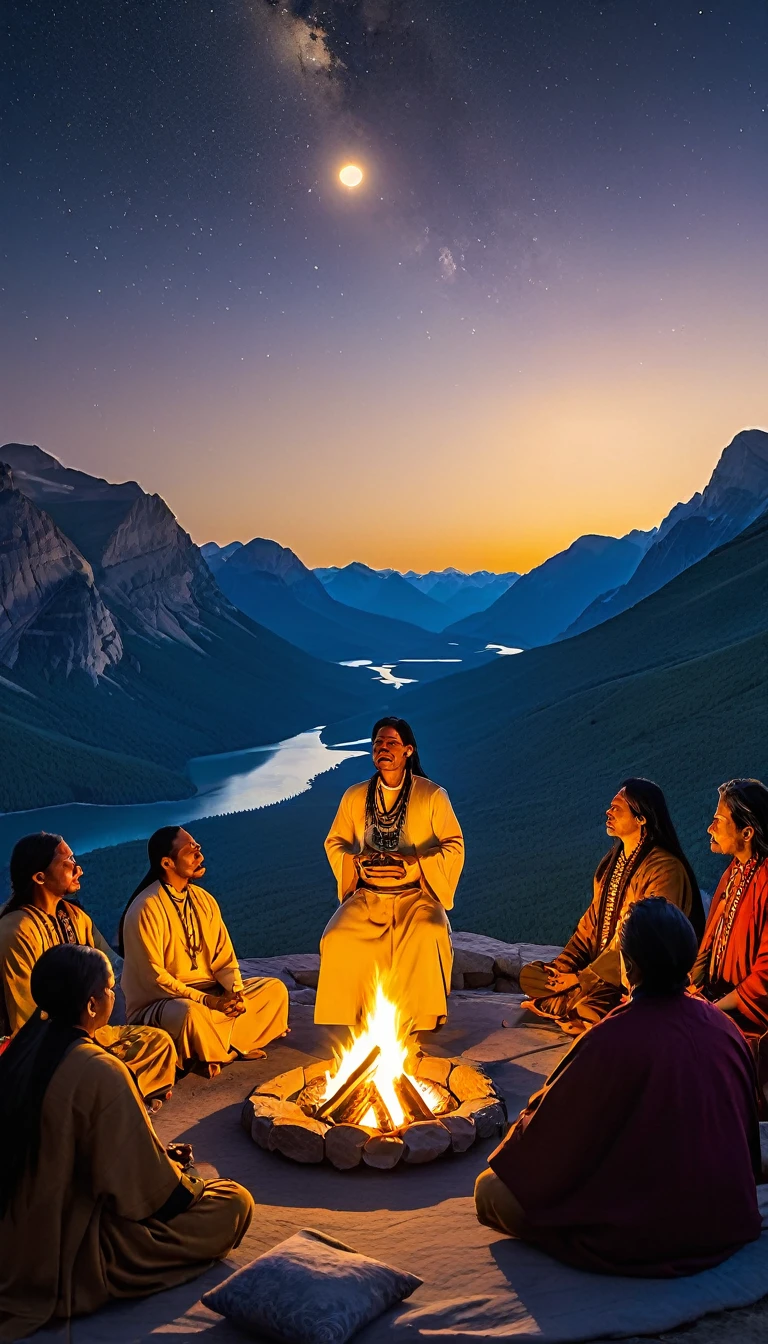The image shows a shaman holding a tambourine and meditating in front of a fire, around which a group of 15 people in traditional Native American dress are seated. SOLAR ECLIPSE. The people, seated on blue blankets, are engaged in conversation and enjoying the atmosphere. A shaman in a long robe leads the group using his power and spiritual energy. The campfire is set up on a rocky bank, with mountains and river visible in the background. The sky is sprinkled with stars and the sun shines in the upper right corner, creating a beautiful orange-yellow glow. You can feel the presence of spirits in the air, and the atmosphere is imbued with a sense of enlightenment and happiness. The overall mood of the scene is peaceful and calming.