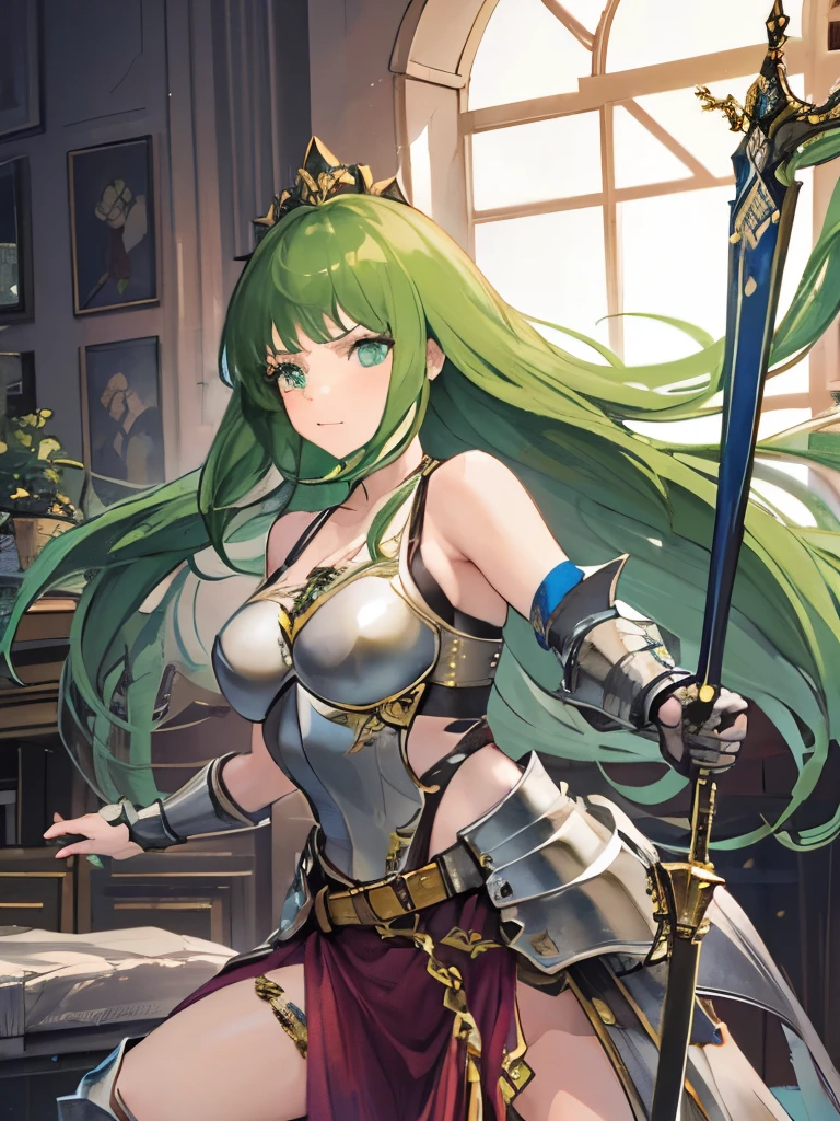 1girl, green long hair, knight, devine sword, big hammer, gold and silver ornament, tank top armor
