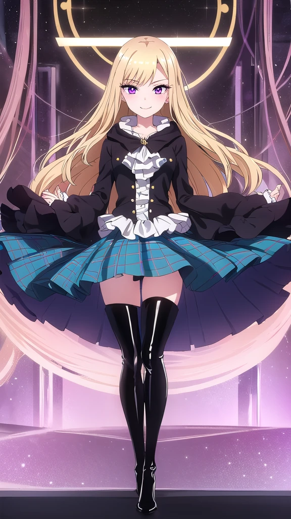 1 girl, solo, an extremely beautiful frame, great view, detailing, HD frame, (( ultra quality )) , A beautiful girl, patent leather boots,
blonde hair, shiny figure, Pink eyes, manicure, full length, plaid skirt, I am hooded, bracelets, black thigh-high boots, heels, room, night, lamps are on, nice smile, long hair, Thin legs, 8k,
aesthetics of privacy, clear frame, Looking at the viewer, (( drawing many details )) , take into account all the shortcomings,