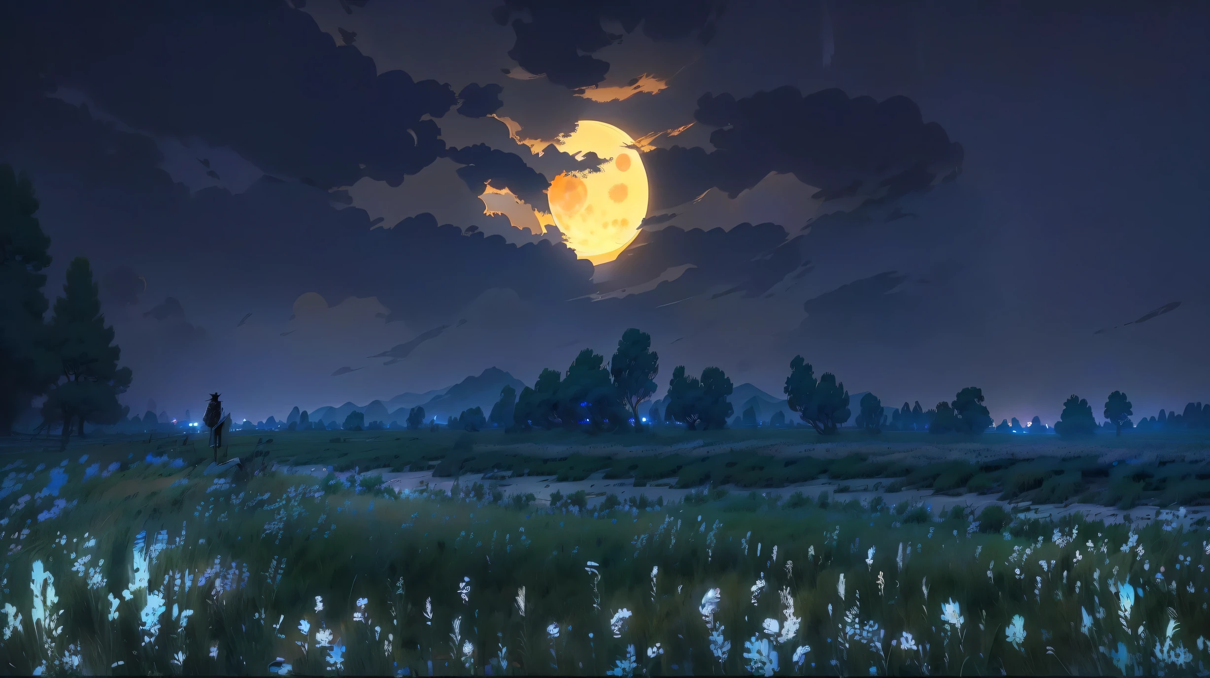 There is a painting，The painting shows a full moon over the fields, Anime rural scenery, Anime Background art, Anime Landscape, Anime scenery, Moonlight at night, White sand moon landscape, Anime Background, Shen Haicheng, Background artwork, Moonlit Night, beautiful Anime scenery, Anime scenery concept art, Anime scene, A quiet night. Digital Illustration, Atmosphere Animation, Anime movie background
