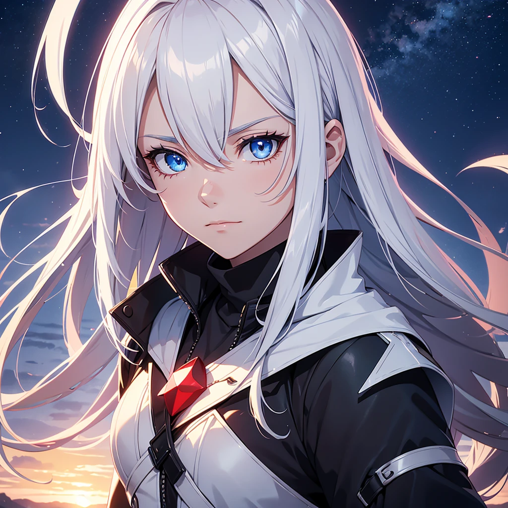  a young woman looking at the sky with white hair  , with intense blue eyes, in an anime digital art style/high quality sleeve. His face shows signs of struggle, with various bandages and scars , also in one of his eyes , carries a ruby red hexagonal shaped device . He wears dark armor , lighting that gives his face with details of sunset shadow and a sky in the background 