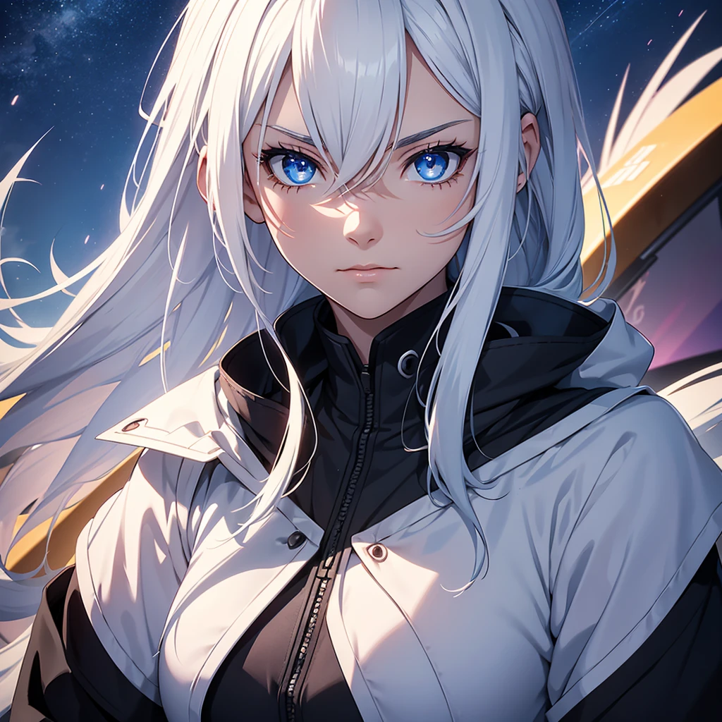  a young woman looking at the sky with white hair  , with intense blue eyes, in an anime digital art style/high quality sleeve. His face shows signs of struggle, with various bandages and scars , also in one of his eyes , carries a ruby red hexagonal shaped device . He wears dark armor , lighting that gives his face with details of sunset shadow and a sky in the background 