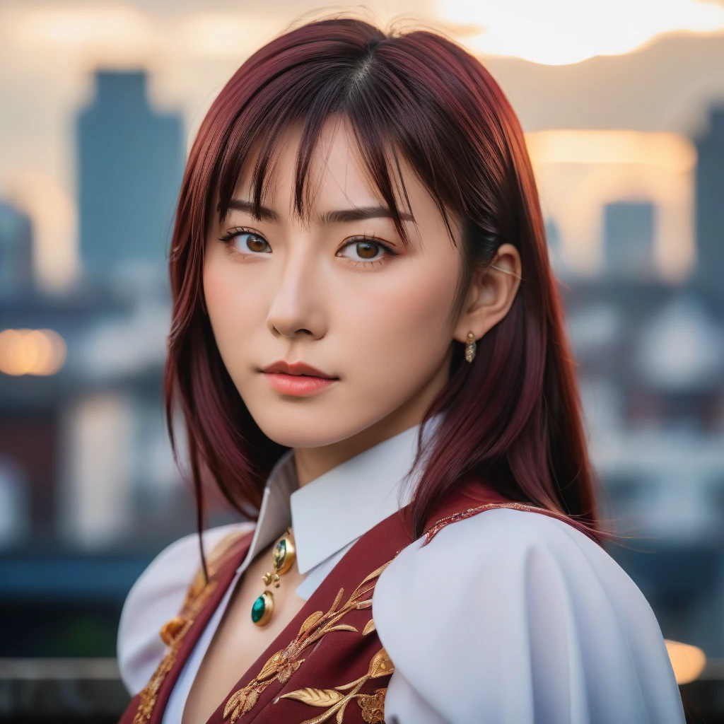 Medium close-up realistic 8K raw photography, (Captivating Mari makinami Illustrious portrait:1.3), Balanced composition, Piercing gaze, Intricate attire, (Emotive expression:1.2), Urban cityscape background, Contrasting colors, (Soft natural light:1.3), Shot with a Nikon D850, Nikkor 85mm f/1.4 lens, Crisp details, Realistic skin tones, Emotional depth