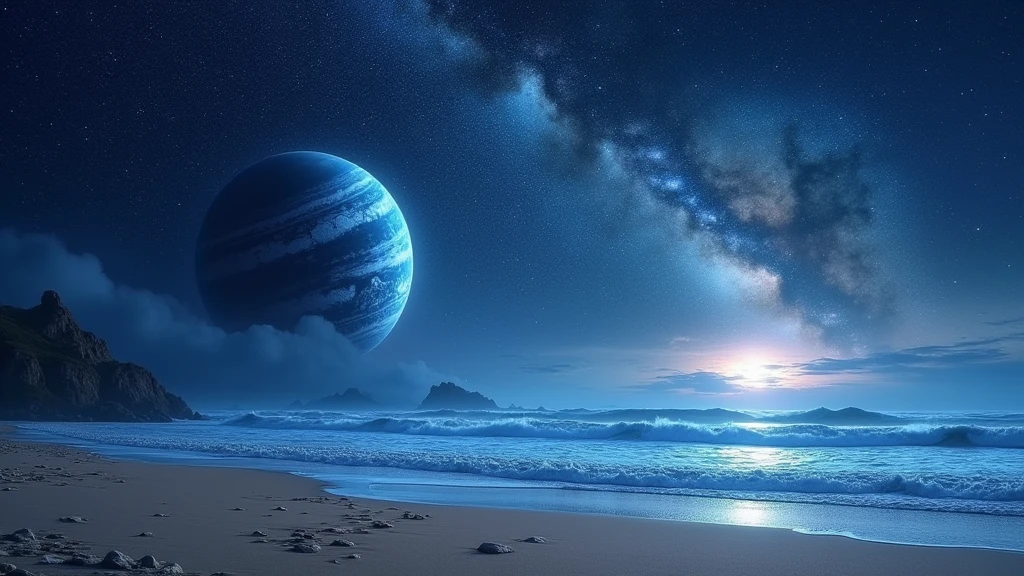 Huge planet, the night, starry sky, Surrealism, tabletop, high resolution、Impressive Milky Way:1.9、beach sand、Vast blue ocean、blue waves、Blue Glacier、lightning:1.9、Protoplanetas、neat beauty
