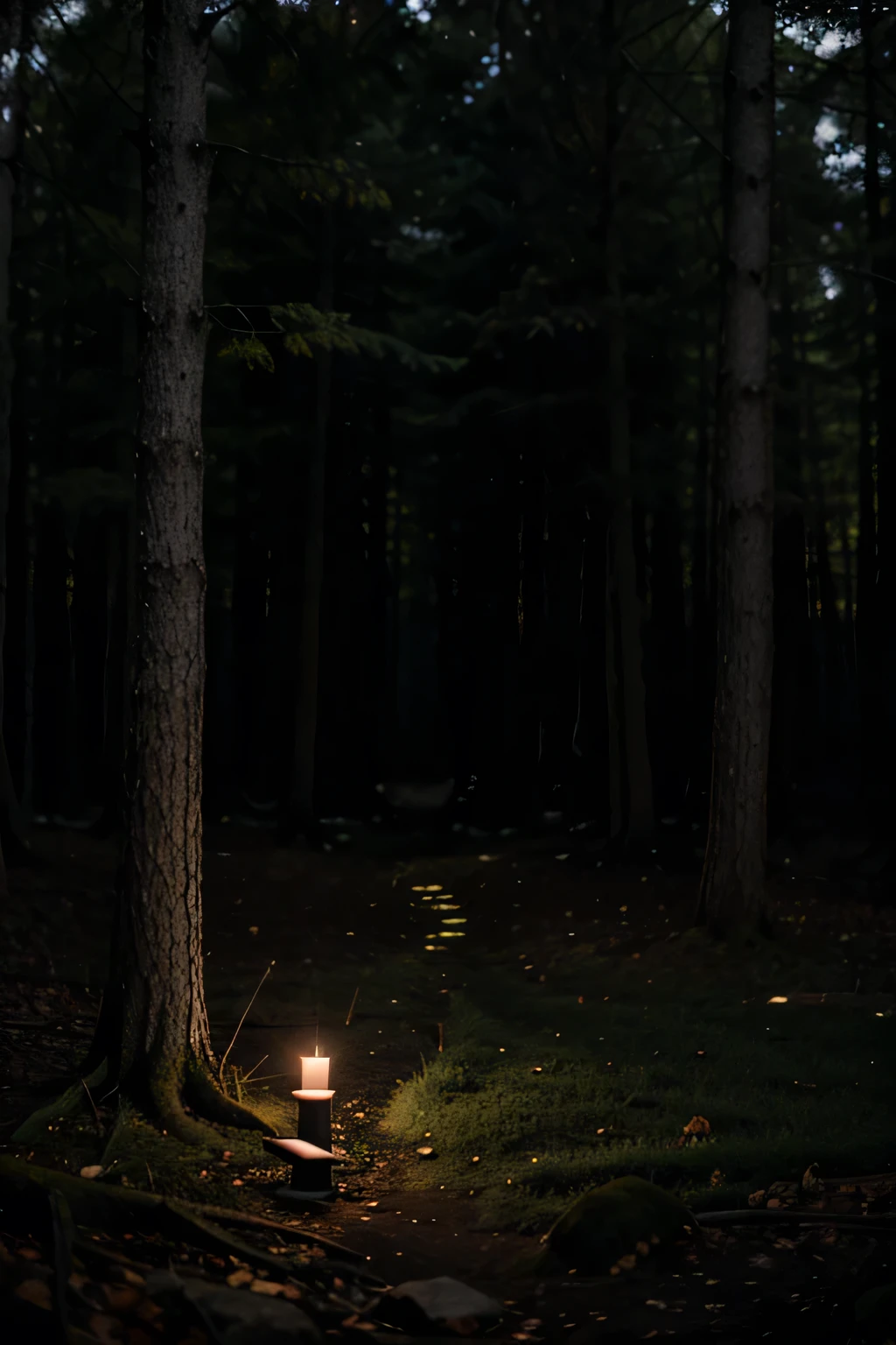 dark forest with a small candle light 