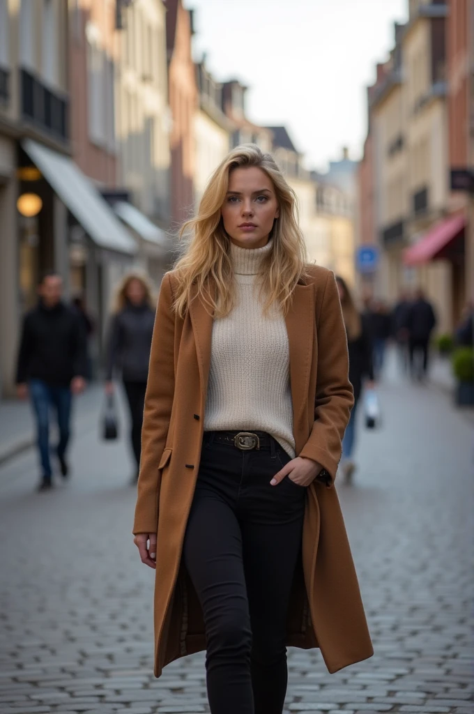 22 year old blonde woman walking in the paved streets of Lille in the north of France