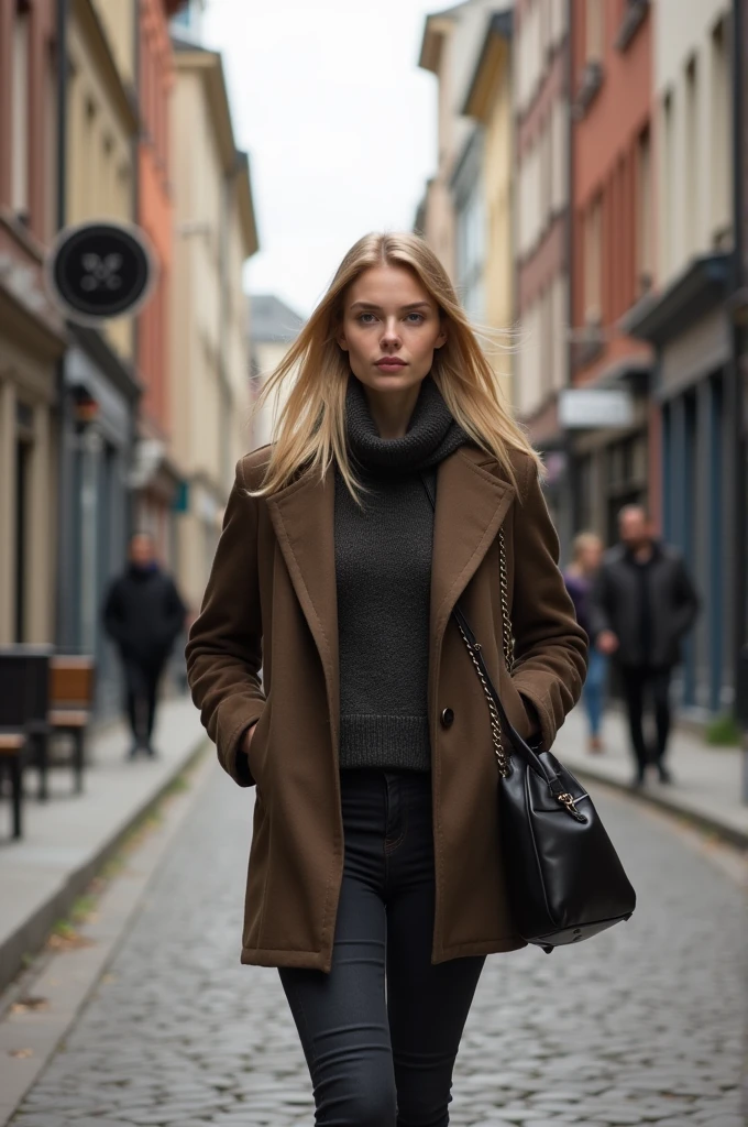 22 year old blonde woman walking in the paved streets of Lille in the north of France