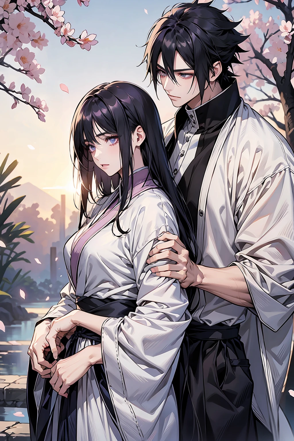This ancient couple is under a peach tree, dressed in magnificent costumes from ancient times. The man was dressed in a cyan robe, with wide sleeves and a robe mopping the floor, his face was handsome, and his eyebrows were full of heroism. The woman was wearing a long violet-blue dress with a skirt fluttering gently in the wind, her long hair combed in a ringlet, and a white flower on her head. Her face is like a flower, and her eyes are gentle and bright ((1 male, Sasuke Uchiha)), ((1 female, Hinata Hyuga))