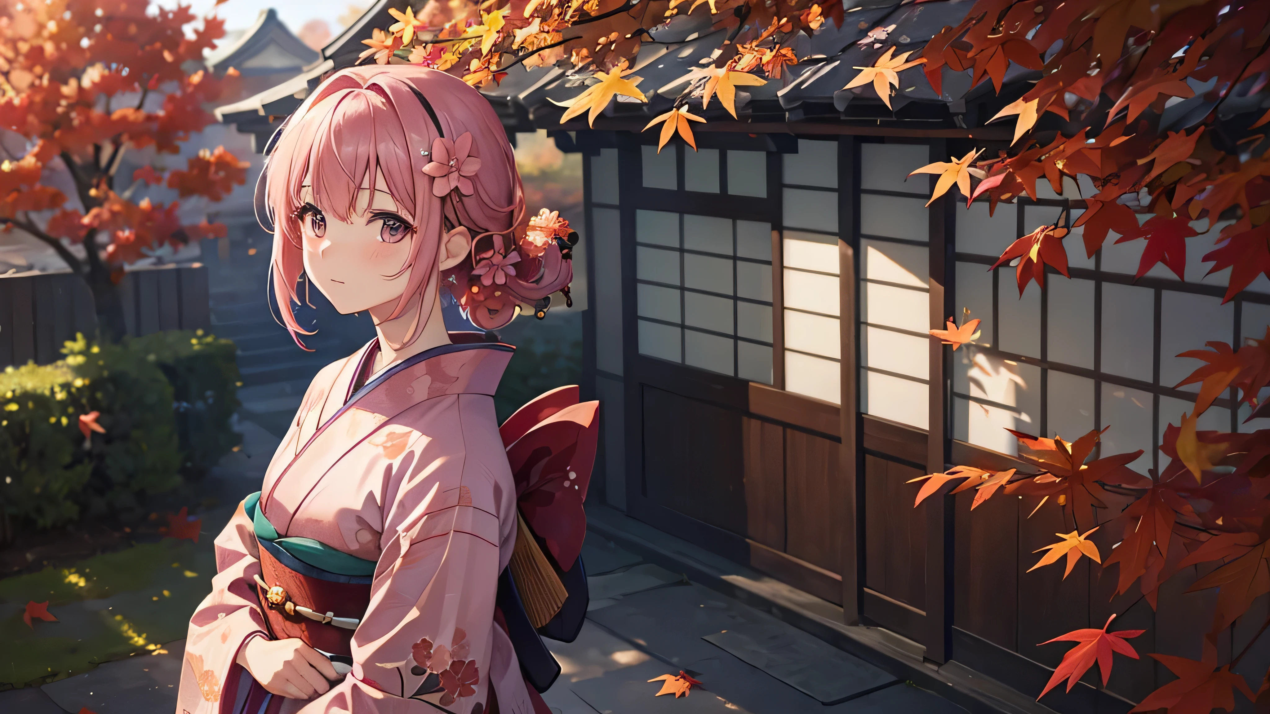 One Woman,wear(kimono),Hair is pink,Tying(Flower hair clip),blush,background(Giant Autumn Leaves)And it's falling from above,smile