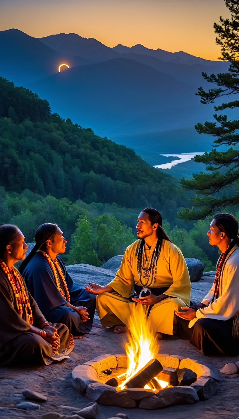 SOLAR ECLIPSE!!! The image shows a shaman holding a tambourine and meditating in front of a fire, around which a group of 15 people in traditional Native American dress are seated. The people, seated on blue blankets, are engaged in conversation and enjoying the atmosphere. A shaman in a long robe leads the group using his power and spiritual energy. The campfire is set up on a rocky bank, with mountains and river visible in the background. The sky is sprinkled with stars and the sun shines in the upper right corner, creating a beautiful orange-yellow glow. You can feel the presence of spirits in the air, and the atmosphere is imbued with a sense of enlightenment and happiness. The overall mood of the scene is peaceful and calming.